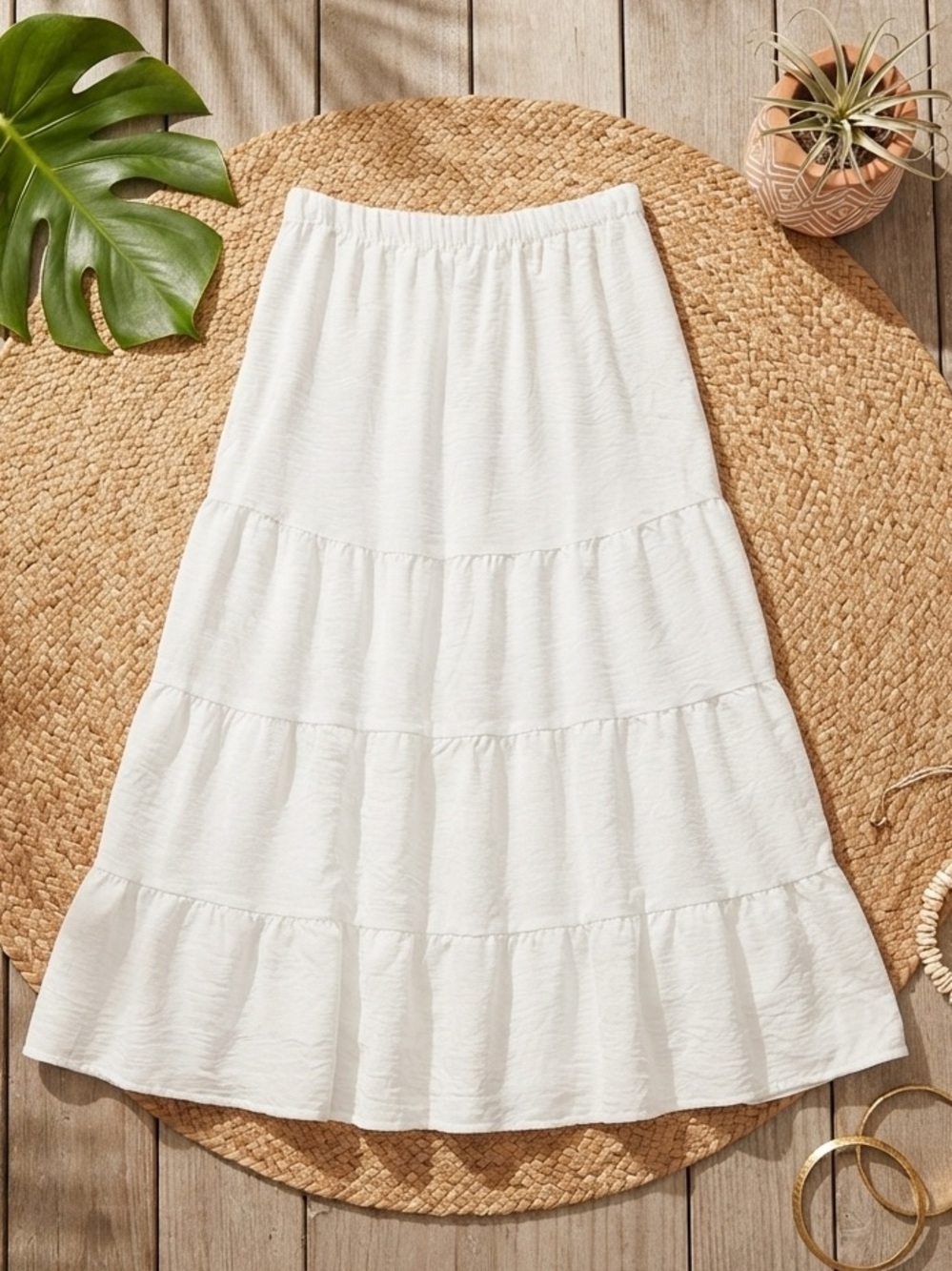 OLIVE & CO. White Tiered Boho Cottagecore Midi Skirt | High Elastic Waist